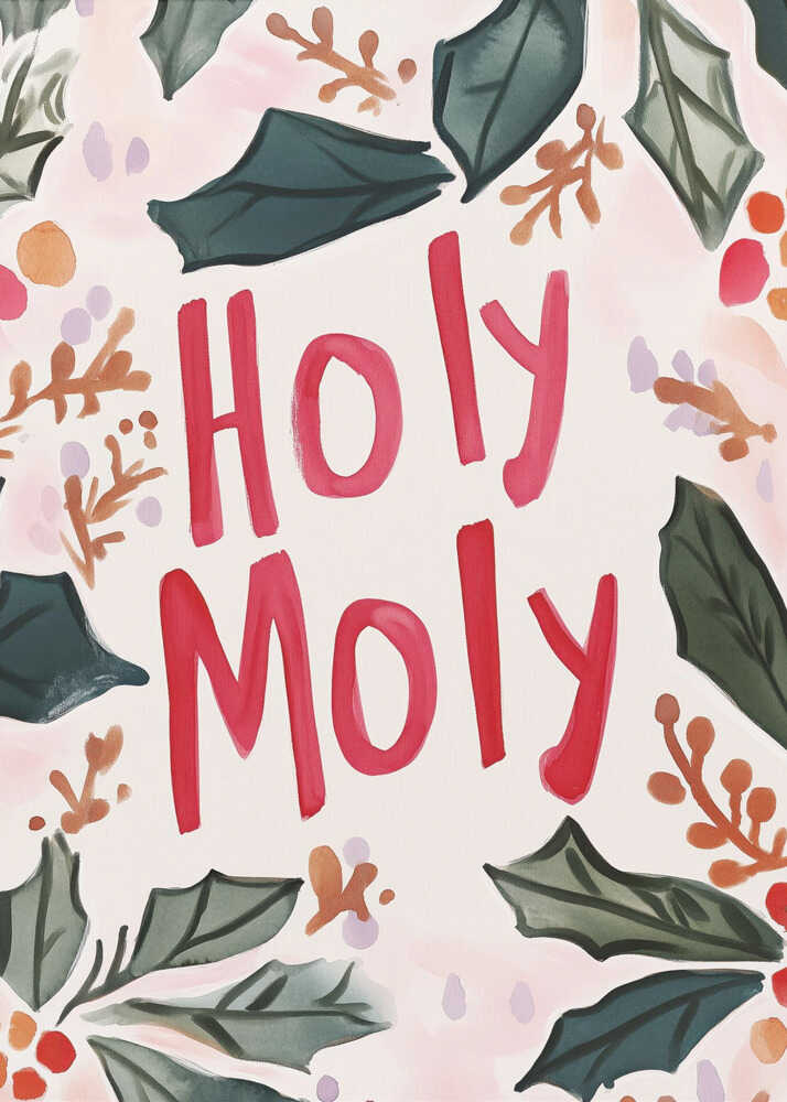 A watercolor-style Christmas-themed artwork with the phrase 'Holy Moly' hand-painted in bold red letters in the center. The text is framed by a loose arrangement of dark green holly leaves, red and orange berries, and small brown sprigs against a light cream and pink background. The artwork is shown in a thin black frame. Artwork