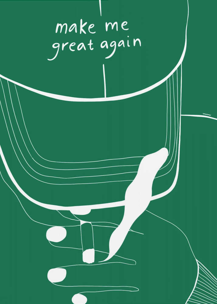 A minimalist illustration of a green baseball cap with the phrase 'make me great again' written in white script. The artwork is a simple white line drawing against a solid green background, showing the cap and a hand touching it, all framed in black. Decor
