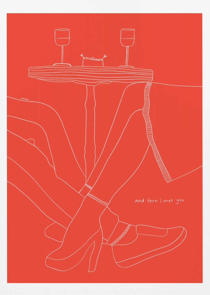 A minimalist white line drawing on a bright red background depicting a romantic date. The lower half of two figures are shown with their legs intertwined under a small table that holds two wine glasses. In the bottom right, the phrase 'and then I met you' is written in a handwritten script. Wall Art