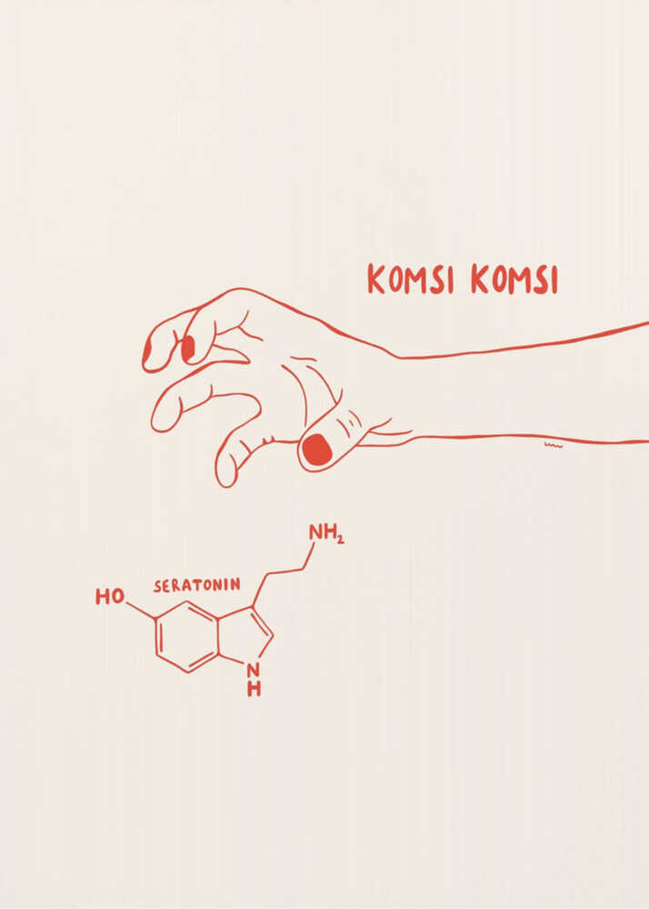 A minimalist art print in a black frame featuring red line art on a cream background. A human hand with painted nails reaches down towards the chemical structure of serotonin, with the phrase 'KOMSI KOMSI' written in red above the hand. Decor
