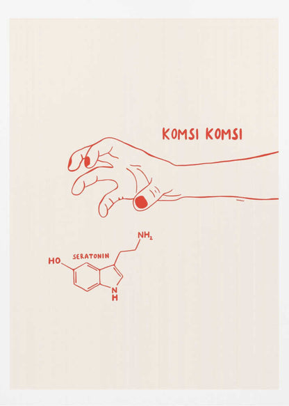 A minimalist art print in a black frame featuring red line art on a cream background. A human hand with painted nails reaches down towards the chemical structure of serotonin, with the phrase 'KOMSI KOMSI' written in red above the hand. Decor