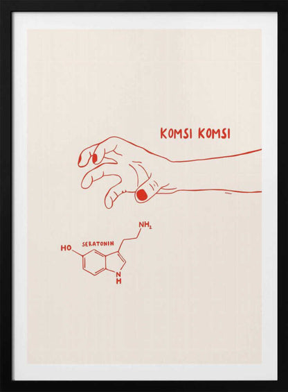 A minimalist art print in a black frame featuring red line art on a cream background. A human hand with painted nails reaches down towards the chemical structure of serotonin, with the phrase 'KOMSI KOMSI' written in red above the hand. Decor