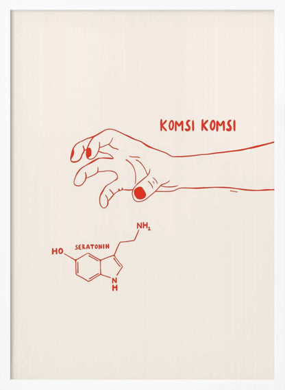 A minimalist art print in a black frame featuring red line art on a cream background. A human hand with painted nails reaches down towards the chemical structure of serotonin, with the phrase 'KOMSI KOMSI' written in red above the hand. Decor