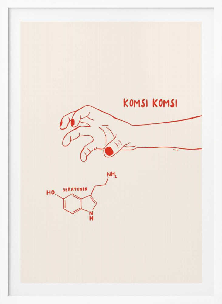 A minimalist art print in a black frame featuring red line art on a cream background. A human hand with painted nails reaches down towards the chemical structure of serotonin, with the phrase 'KOMSI KOMSI' written in red above the hand. Decor