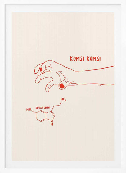 A minimalist art print in a black frame featuring red line art on a cream background. A human hand with painted nails reaches down towards the chemical structure of serotonin, with the phrase 'KOMSI KOMSI' written in red above the hand. Decor
