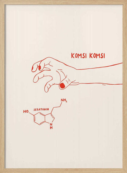 A minimalist art print in a black frame featuring red line art on a cream background. A human hand with painted nails reaches down towards the chemical structure of serotonin, with the phrase 'KOMSI KOMSI' written in red above the hand. Decor
