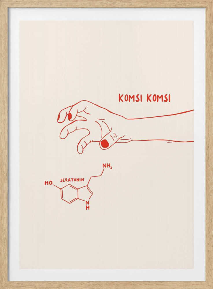 A minimalist art print in a black frame featuring red line art on a cream background. A human hand with painted nails reaches down towards the chemical structure of serotonin, with the phrase 'KOMSI KOMSI' written in red above the hand. Decor
