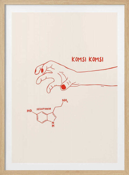 A minimalist art print in a black frame featuring red line art on a cream background. A human hand with painted nails reaches down towards the chemical structure of serotonin, with the phrase 'KOMSI KOMSI' written in red above the hand. Decor