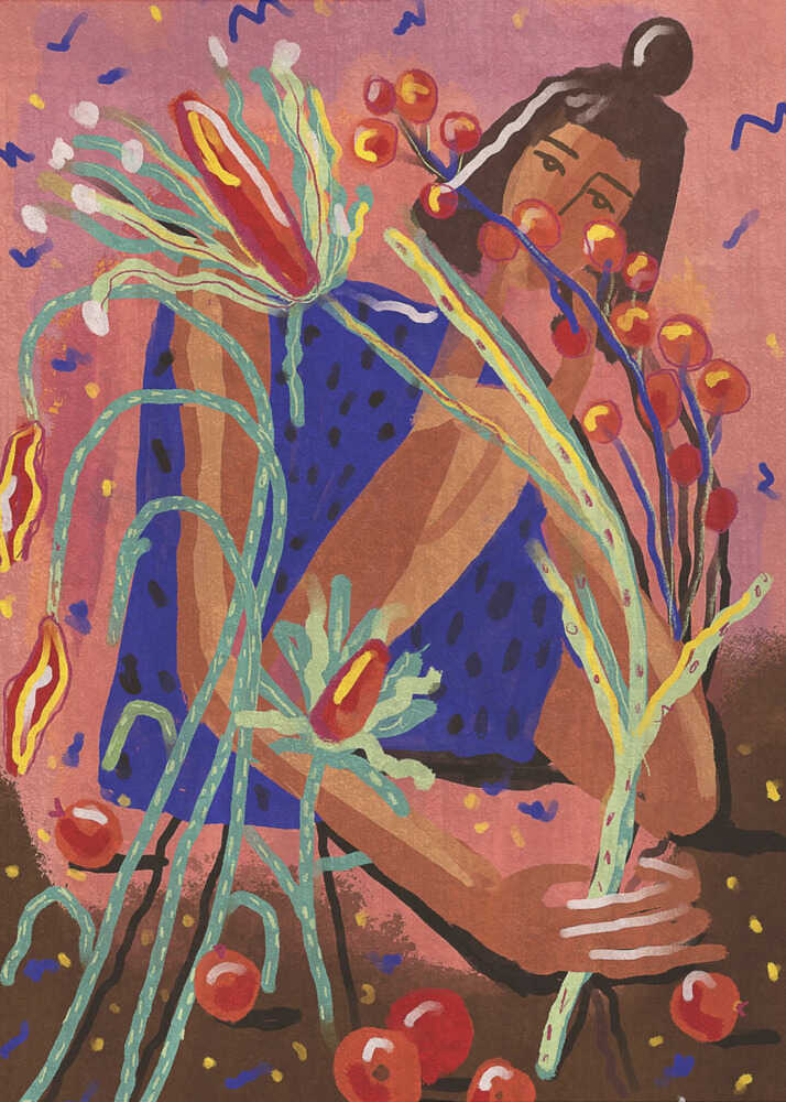 A colorful, painterly illustration of a woman in a blue dotted dress, holding a large bouquet of stylized plants with red berries and flowers against a textured pink background. Red fruits are scattered on the brown ground at her feet. Print