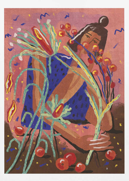 A colorful, painterly illustration of a woman in a blue dotted dress, holding a large bouquet of stylized plants with red berries and flowers against a textured pink background. Red fruits are scattered on the brown ground at her feet. Print