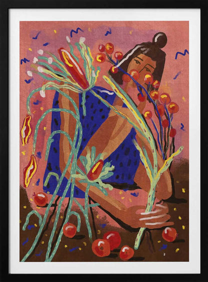 A colorful, painterly illustration of a woman in a blue dotted dress, holding a large bouquet of stylized plants with red berries and flowers against a textured pink background. Red fruits are scattered on the brown ground at her feet. Print