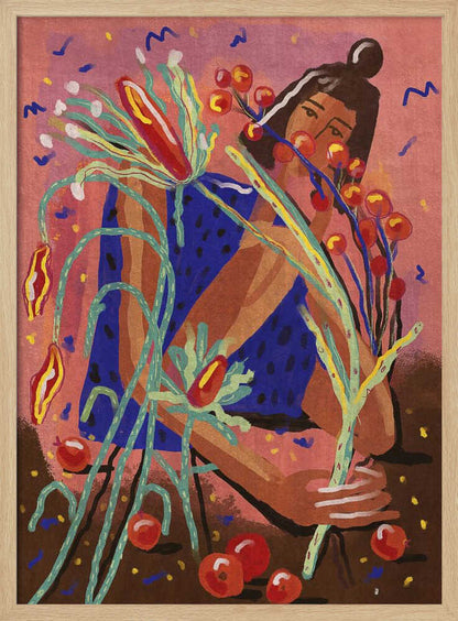 A colorful, painterly illustration of a woman in a blue dotted dress, holding a large bouquet of stylized plants with red berries and flowers against a textured pink background. Red fruits are scattered on the brown ground at her feet. Print