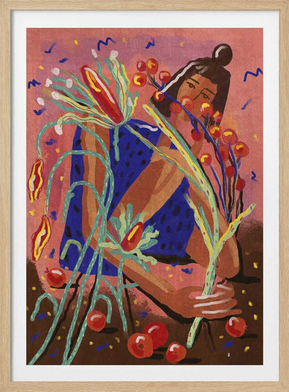 A colorful, painterly illustration of a woman in a blue dotted dress, holding a large bouquet of stylized plants with red berries and flowers against a textured pink background. Red fruits are scattered on the brown ground at her feet. Print