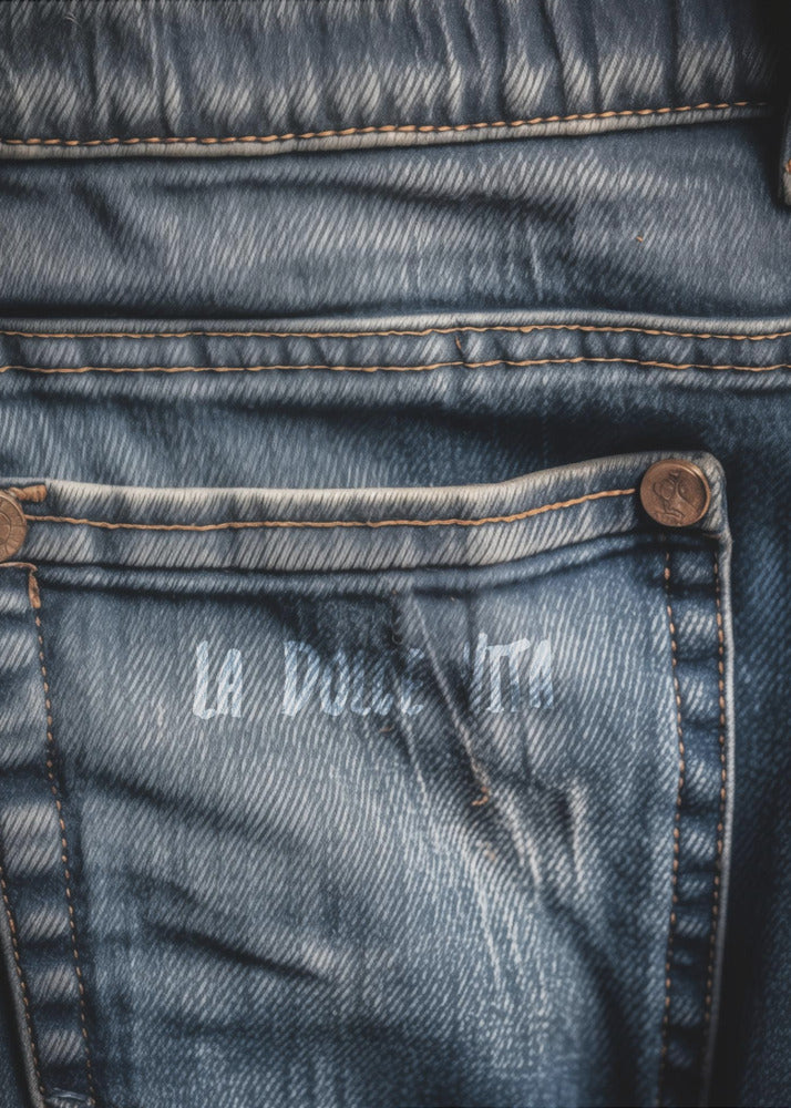 A detailed close-up photograph of a faded blue jean back pocket, showing the texture of the denim, orange stitching, and a copper rivet. Faint white text is stenciled onto the pocket. Poster
