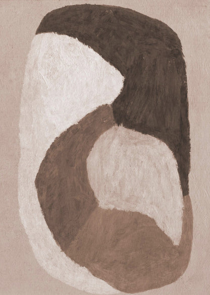 An abstract painting in a black frame featuring large, interlocking organic shapes in dark brown, off-white, and a lighter mid-tone brown. The shapes are painted with visible brushstrokes on a textured, light beige background, creating a sense of movement and warmth. Artwork