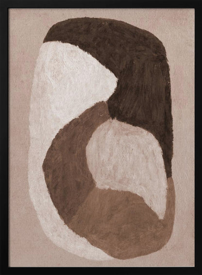 An abstract painting in a black frame featuring large, interlocking organic shapes in dark brown, off-white, and a lighter mid-tone brown. The shapes are painted with visible brushstrokes on a textured, light beige background, creating a sense of movement and warmth. Artwork