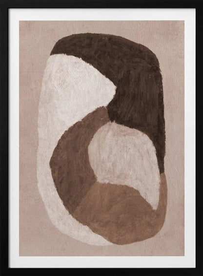An abstract painting in a black frame featuring large, interlocking organic shapes in dark brown, off-white, and a lighter mid-tone brown. The shapes are painted with visible brushstrokes on a textured, light beige background, creating a sense of movement and warmth. Artwork