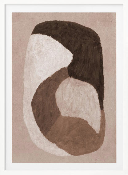 An abstract painting in a black frame featuring large, interlocking organic shapes in dark brown, off-white, and a lighter mid-tone brown. The shapes are painted with visible brushstrokes on a textured, light beige background, creating a sense of movement and warmth. Artwork