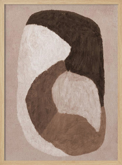 An abstract painting in a black frame featuring large, interlocking organic shapes in dark brown, off-white, and a lighter mid-tone brown. The shapes are painted with visible brushstrokes on a textured, light beige background, creating a sense of movement and warmth. Artwork