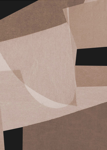 An abstract artwork in a black frame featuring a collage of overlapping geometric and curved shapes. The color palette consists of various shades of brown, from dark chocolate to light beige, contrasted with solid black areas. The shapes have a textured, paper-like quality and some appear translucent, creating layers and depth. Decor