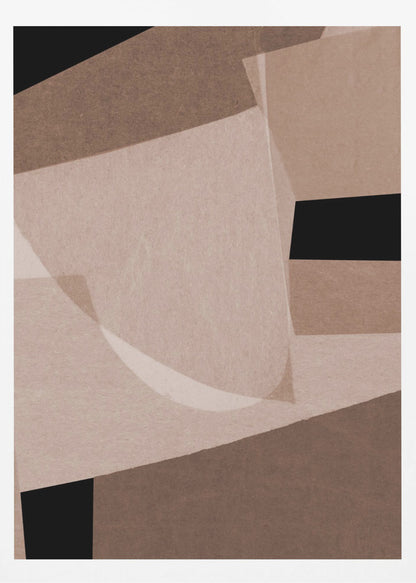 An abstract artwork in a black frame featuring a collage of overlapping geometric and curved shapes. The color palette consists of various shades of brown, from dark chocolate to light beige, contrasted with solid black areas. The shapes have a textured, paper-like quality and some appear translucent, creating layers and depth. Decor
