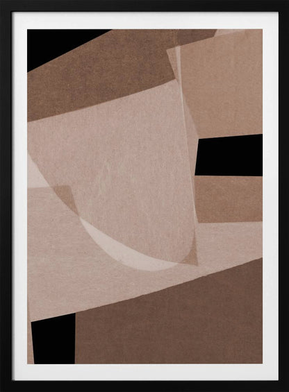 An abstract artwork in a black frame featuring a collage of overlapping geometric and curved shapes. The color palette consists of various shades of brown, from dark chocolate to light beige, contrasted with solid black areas. The shapes have a textured, paper-like quality and some appear translucent, creating layers and depth. Decor