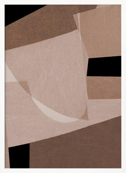 An abstract artwork in a black frame featuring a collage of overlapping geometric and curved shapes. The color palette consists of various shades of brown, from dark chocolate to light beige, contrasted with solid black areas. The shapes have a textured, paper-like quality and some appear translucent, creating layers and depth. Decor