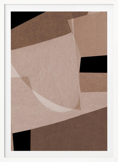 An abstract artwork in a black frame featuring a collage of overlapping geometric and curved shapes. The color palette consists of various shades of brown, from dark chocolate to light beige, contrasted with solid black areas. The shapes have a textured, paper-like quality and some appear translucent, creating layers and depth. Decor