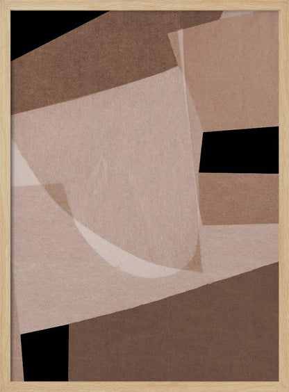 An abstract artwork in a black frame featuring a collage of overlapping geometric and curved shapes. The color palette consists of various shades of brown, from dark chocolate to light beige, contrasted with solid black areas. The shapes have a textured, paper-like quality and some appear translucent, creating layers and depth. Decor