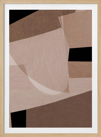 An abstract artwork in a black frame featuring a collage of overlapping geometric and curved shapes. The color palette consists of various shades of brown, from dark chocolate to light beige, contrasted with solid black areas. The shapes have a textured, paper-like quality and some appear translucent, creating layers and depth. Decor