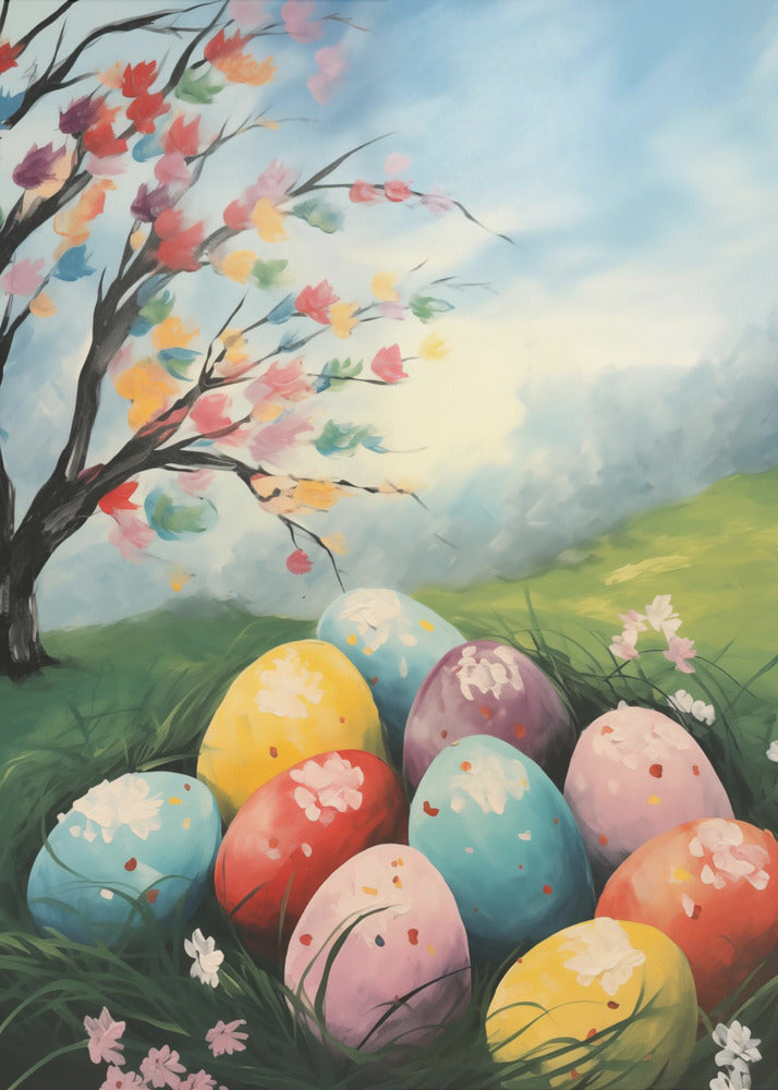 A vibrant painting depicting a cluster of colorful Easter eggs nestled in lush green grass. Above them on a small hill, a tree blossoms with a rainbow of colors against a bright, partly cloudy blue sky, capturing a whimsical spring scene. Artwork