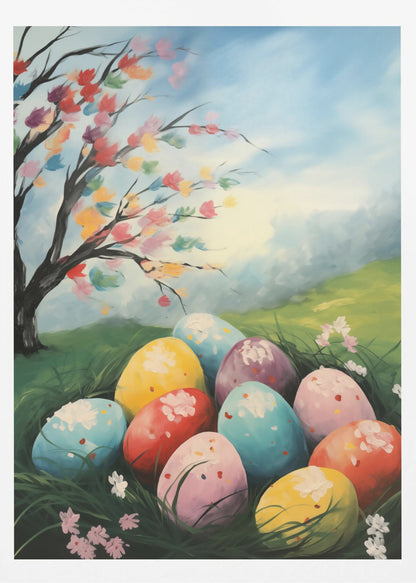 A vibrant painting depicting a cluster of colorful Easter eggs nestled in lush green grass. Above them on a small hill, a tree blossoms with a rainbow of colors against a bright, partly cloudy blue sky, capturing a whimsical spring scene. Artwork