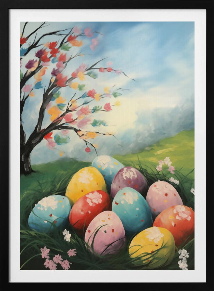 A vibrant painting depicting a cluster of colorful Easter eggs nestled in lush green grass. Above them on a small hill, a tree blossoms with a rainbow of colors against a bright, partly cloudy blue sky, capturing a whimsical spring scene. Artwork
