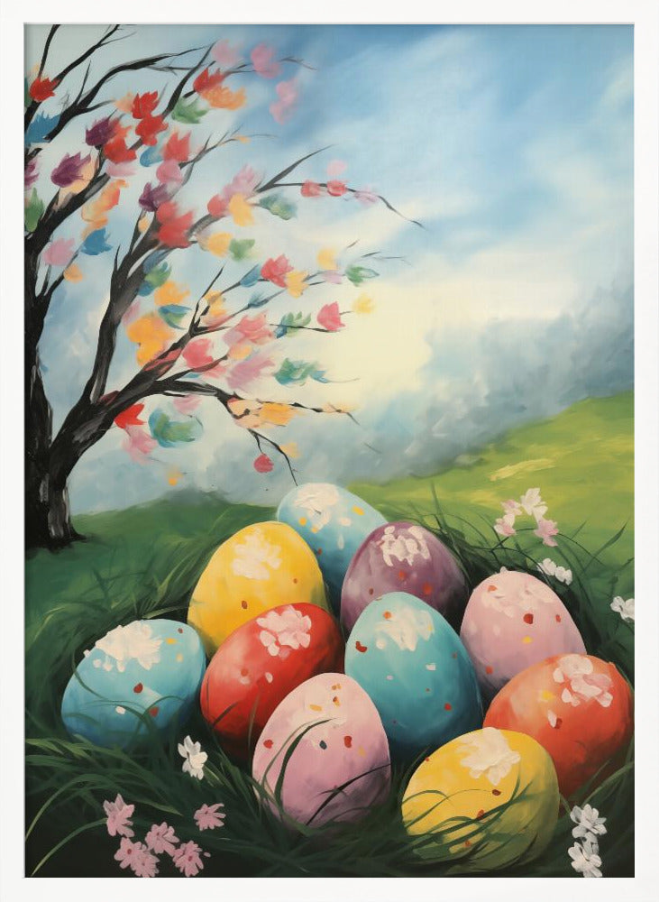 A vibrant painting depicting a cluster of colorful Easter eggs nestled in lush green grass. Above them on a small hill, a tree blossoms with a rainbow of colors against a bright, partly cloudy blue sky, capturing a whimsical spring scene. Artwork