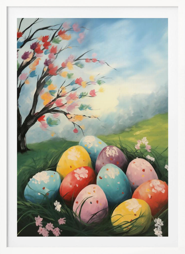 A vibrant painting depicting a cluster of colorful Easter eggs nestled in lush green grass. Above them on a small hill, a tree blossoms with a rainbow of colors against a bright, partly cloudy blue sky, capturing a whimsical spring scene. Artwork