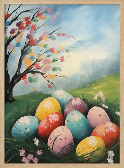 A vibrant painting depicting a cluster of colorful Easter eggs nestled in lush green grass. Above them on a small hill, a tree blossoms with a rainbow of colors against a bright, partly cloudy blue sky, capturing a whimsical spring scene. Artwork