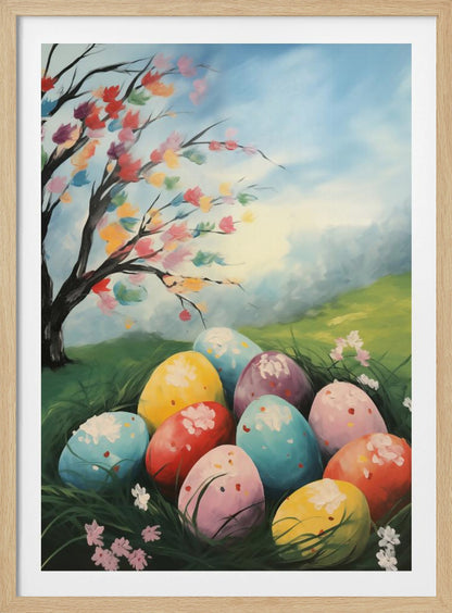 A vibrant painting depicting a cluster of colorful Easter eggs nestled in lush green grass. Above them on a small hill, a tree blossoms with a rainbow of colors against a bright, partly cloudy blue sky, capturing a whimsical spring scene. Artwork
