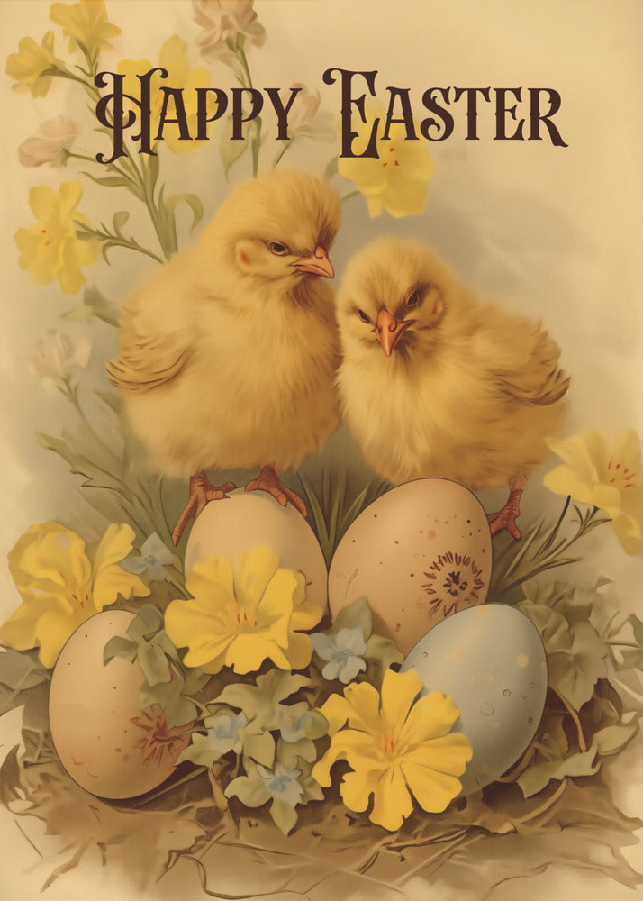 A vintage-style Easter illustration featuring two fluffy yellow chicks perched on decorated Easter eggs. The scene is adorned with yellow and blue flowers, and the words 'Happy Easter' are written in an elegant, dark font at the top against a cream background. Print