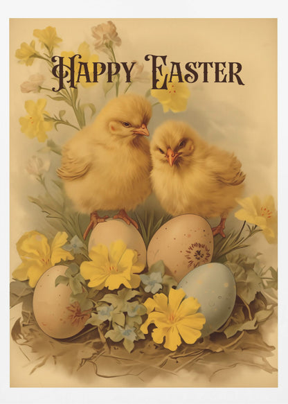 A vintage-style Easter illustration featuring two fluffy yellow chicks perched on decorated Easter eggs. The scene is adorned with yellow and blue flowers, and the words 'Happy Easter' are written in an elegant, dark font at the top against a cream background. Print