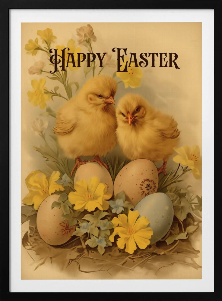 A vintage-style Easter illustration featuring two fluffy yellow chicks perched on decorated Easter eggs. The scene is adorned with yellow and blue flowers, and the words 'Happy Easter' are written in an elegant, dark font at the top against a cream background. Print