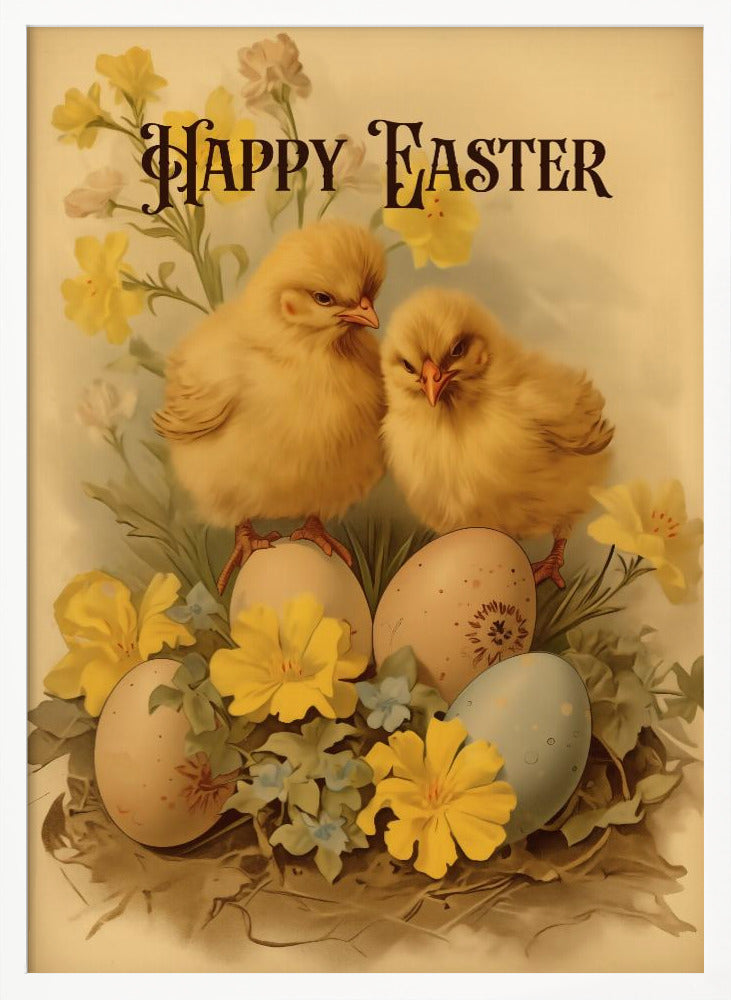 A vintage-style Easter illustration featuring two fluffy yellow chicks perched on decorated Easter eggs. The scene is adorned with yellow and blue flowers, and the words 'Happy Easter' are written in an elegant, dark font at the top against a cream background. Print