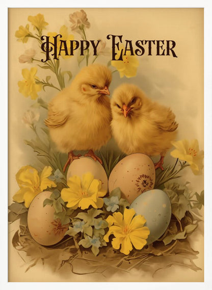 A vintage-style Easter illustration featuring two fluffy yellow chicks perched on decorated Easter eggs. The scene is adorned with yellow and blue flowers, and the words 'Happy Easter' are written in an elegant, dark font at the top against a cream background. Print