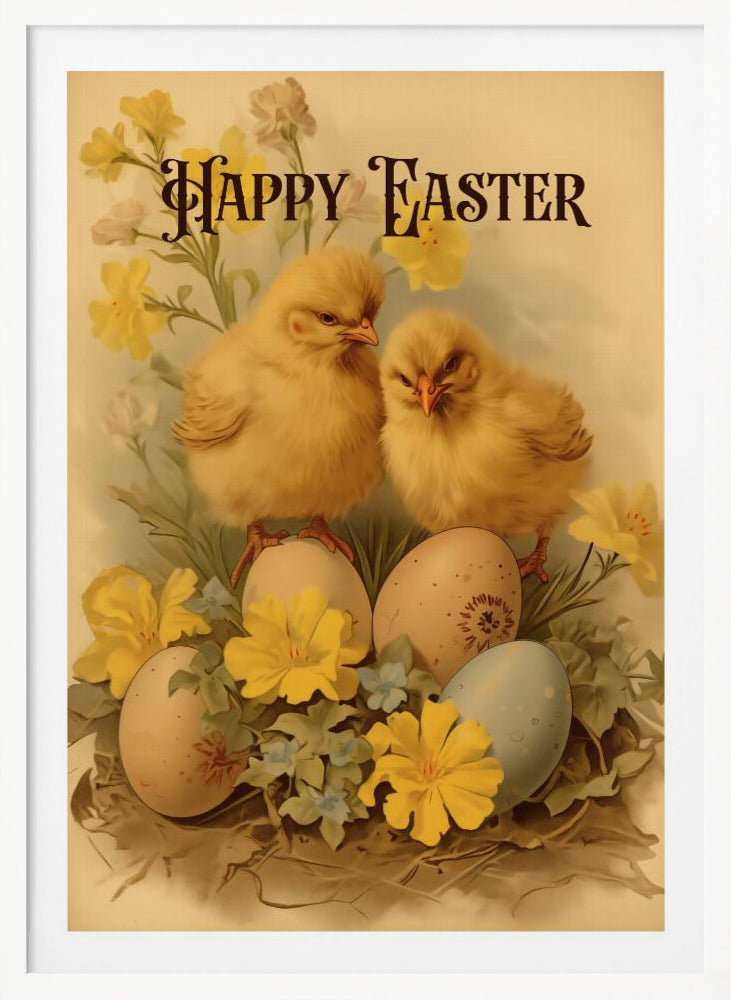 A vintage-style Easter illustration featuring two fluffy yellow chicks perched on decorated Easter eggs. The scene is adorned with yellow and blue flowers, and the words 'Happy Easter' are written in an elegant, dark font at the top against a cream background. Print