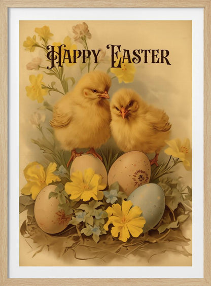 A vintage-style Easter illustration featuring two fluffy yellow chicks perched on decorated Easter eggs. The scene is adorned with yellow and blue flowers, and the words 'Happy Easter' are written in an elegant, dark font at the top against a cream background. Print