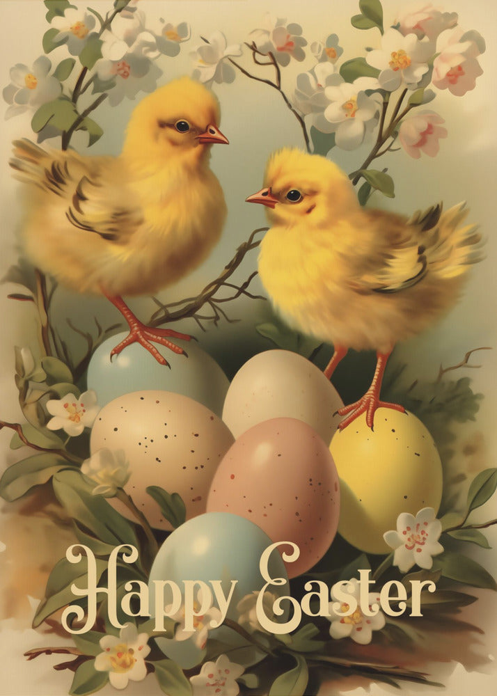 A vintage-style Easter illustration featuring two fluffy yellow chicks perched on and around a clutch of pastel-colored Easter eggs. The scene is decorated with white and light pink blossoms on branches. At the bottom, the text 'Happy Easter' is written in elegant, cursive script. The entire image is enclosed in a thin black frame. Artwork