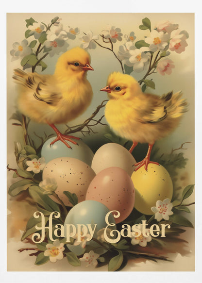 A vintage-style Easter illustration featuring two fluffy yellow chicks perched on and around a clutch of pastel-colored Easter eggs. The scene is decorated with white and light pink blossoms on branches. At the bottom, the text 'Happy Easter' is written in elegant, cursive script. The entire image is enclosed in a thin black frame. Artwork