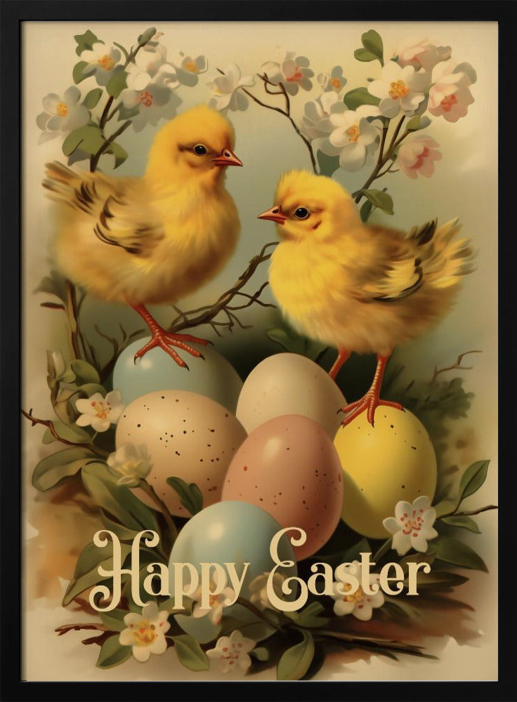A vintage-style Easter illustration featuring two fluffy yellow chicks perched on and around a clutch of pastel-colored Easter eggs. The scene is decorated with white and light pink blossoms on branches. At the bottom, the text 'Happy Easter' is written in elegant, cursive script. The entire image is enclosed in a thin black frame. Artwork