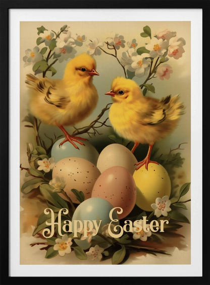 A vintage-style Easter illustration featuring two fluffy yellow chicks perched on and around a clutch of pastel-colored Easter eggs. The scene is decorated with white and light pink blossoms on branches. At the bottom, the text 'Happy Easter' is written in elegant, cursive script. The entire image is enclosed in a thin black frame. Artwork