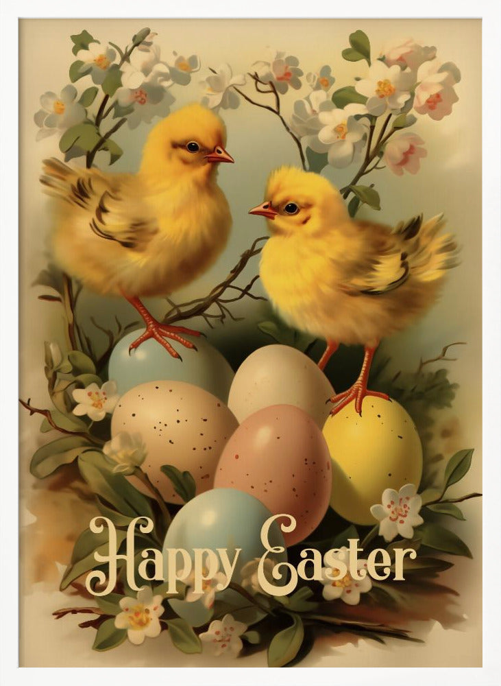A vintage-style Easter illustration featuring two fluffy yellow chicks perched on and around a clutch of pastel-colored Easter eggs. The scene is decorated with white and light pink blossoms on branches. At the bottom, the text 'Happy Easter' is written in elegant, cursive script. The entire image is enclosed in a thin black frame. Artwork