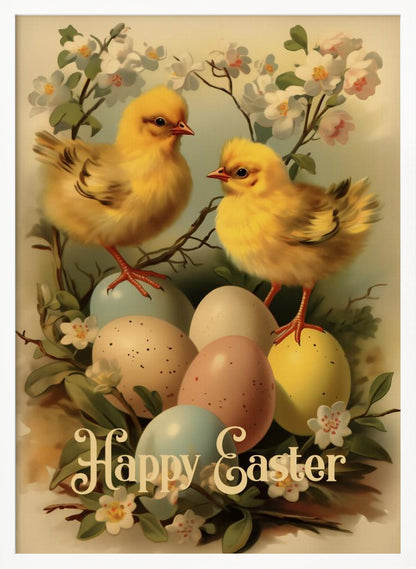 A vintage-style Easter illustration featuring two fluffy yellow chicks perched on and around a clutch of pastel-colored Easter eggs. The scene is decorated with white and light pink blossoms on branches. At the bottom, the text 'Happy Easter' is written in elegant, cursive script. The entire image is enclosed in a thin black frame. Artwork